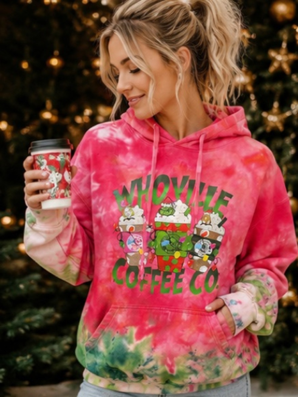 Whoville Coffee Co Tie Dye Hoodie Pink Green Christmas Grinch Inspired Tultex